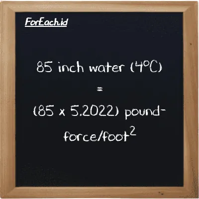 How to convert inch water (4<sup>o</sup>C) to pound-force/foot<sup>2</sup>: 85 inch water (4<sup>o</sup>C) (inH2O) is equivalent to 85 times 5.2022 pound-force/foot<sup>2</sup> (lbf/ft<sup>2</sup>)